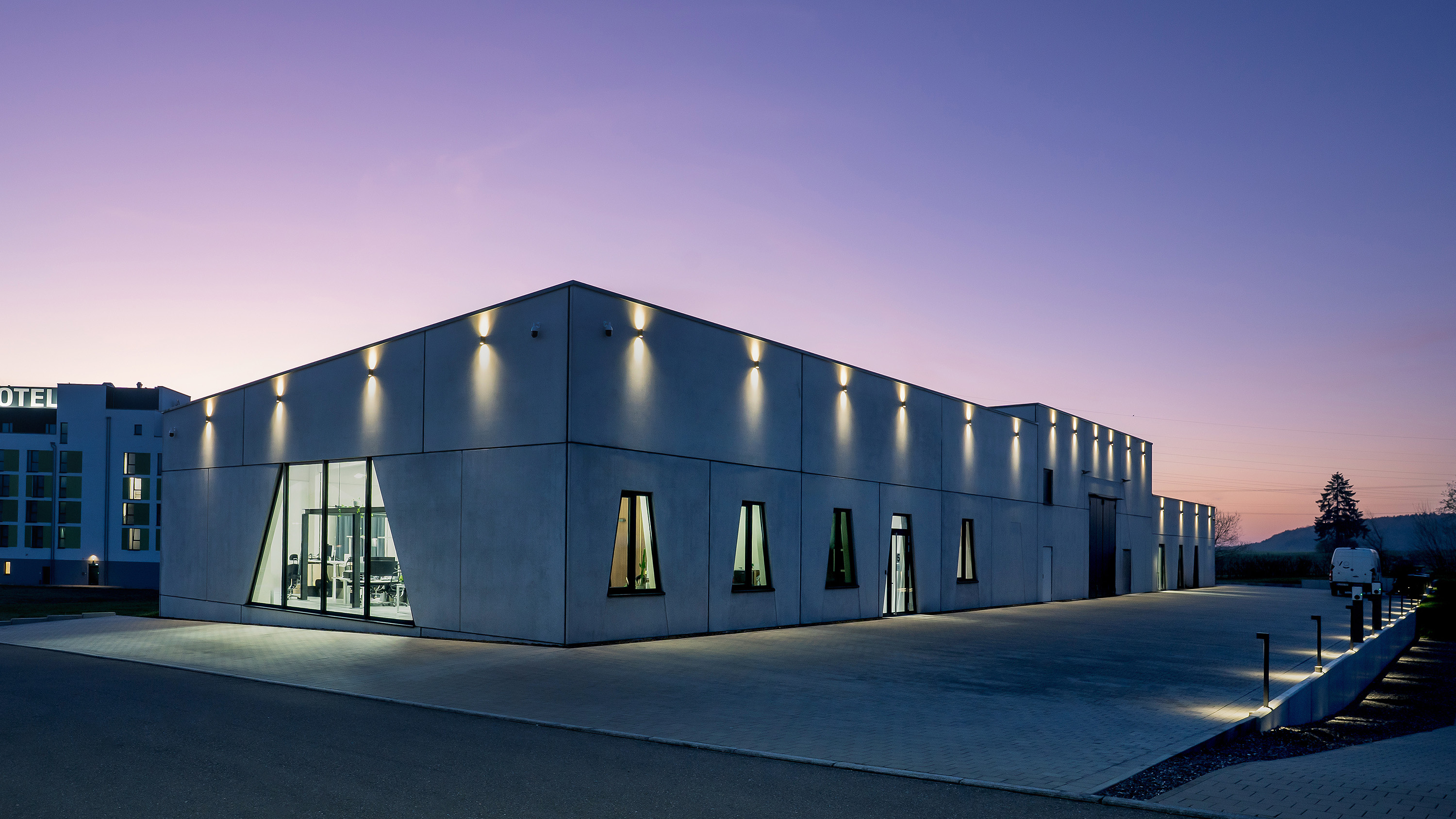 Exterior of vg studio in Laichingen at dusk
